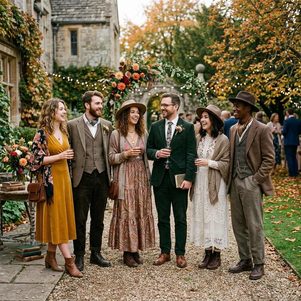 Six friends in vintage attire smiling and holding drinks at an autumn outdoor wedding