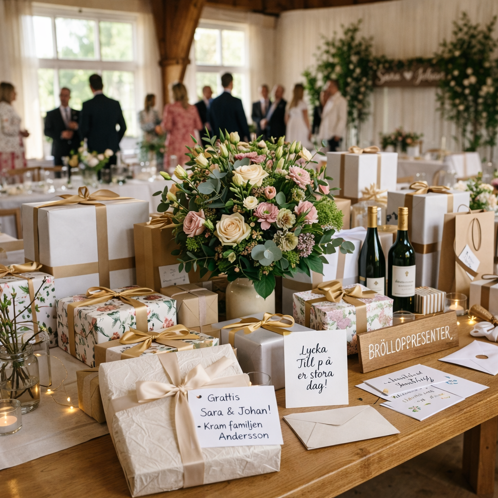 Wedding gift table with wrapped presents, bouquets, and congratulatory cards