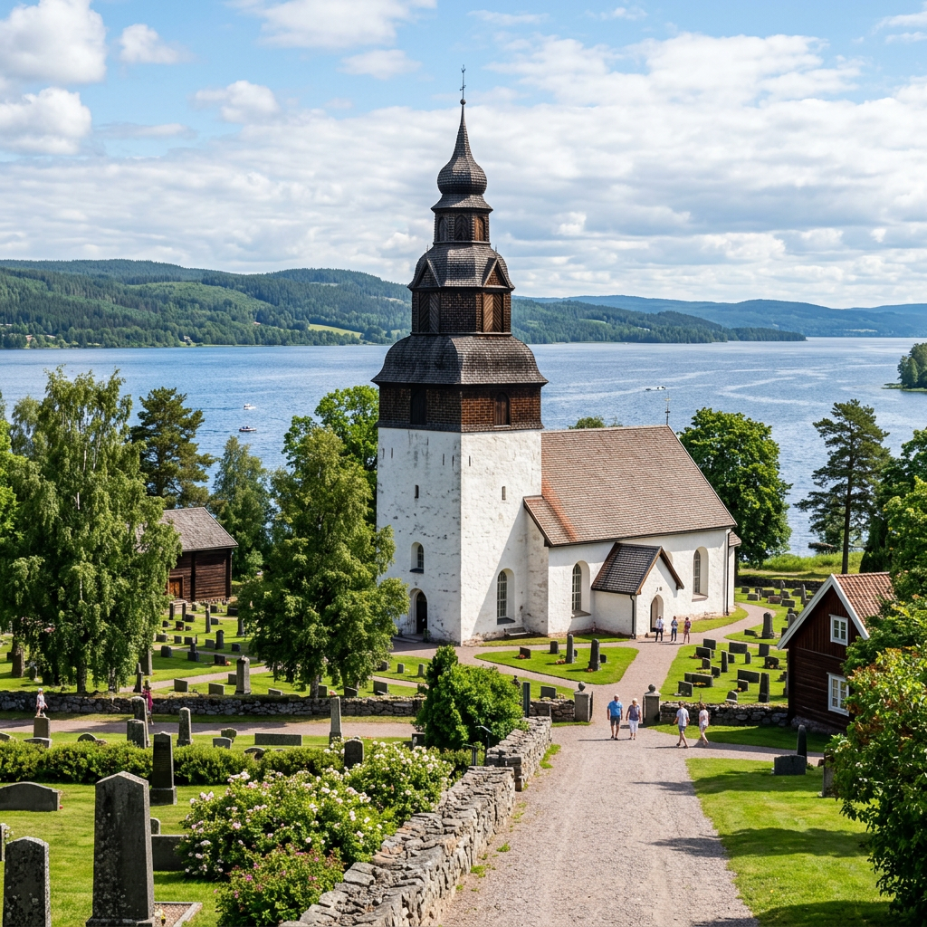 White church with dark wooden tower near a lake with gravestones and trees surrounding it